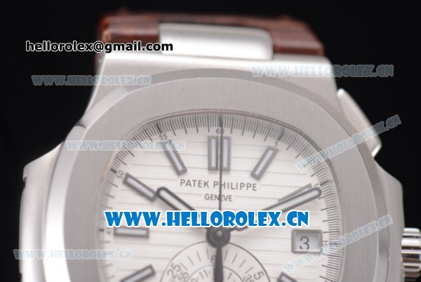 Patek Philippe Nautilus Clone PP 315 Automatic Steel Case with White Dial Arabic Numeral Markers and Brown Leather Strap (BP) - Click Image to Close
